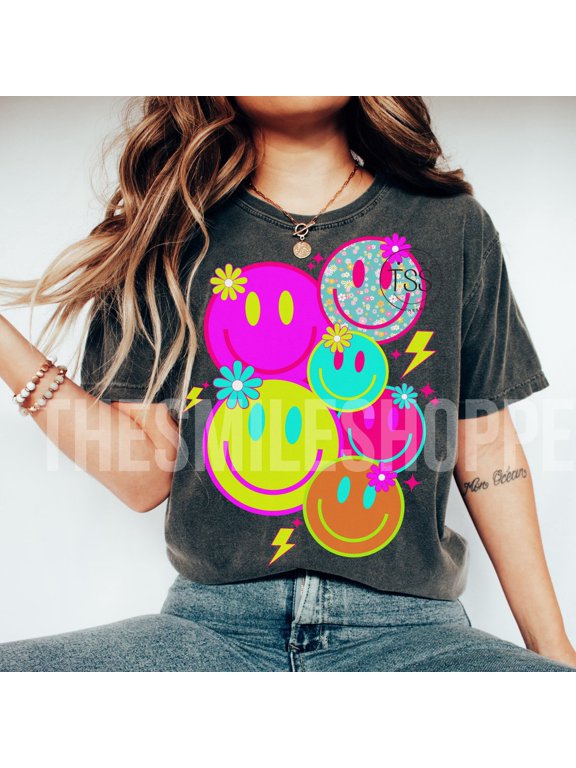 Smile Face Collage Retro Happy Face Neon Daisy Swim Safe Distressed Smile Face Neon Smiley Face T-Shirt BLACK Unisex S-5XL Hot Trending Shirt, Vintage Birthday Gift