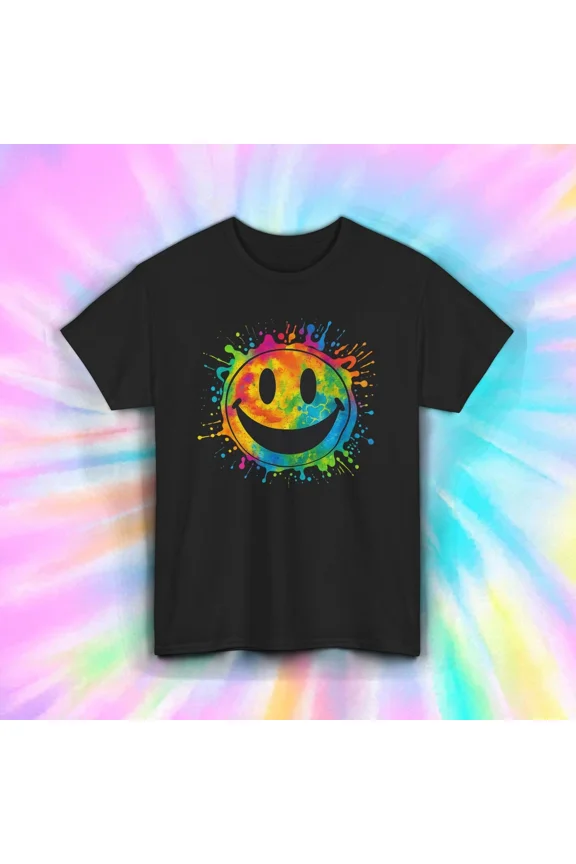 Smile Face Colorful Paint Splatter Retro Happy Vibes Art Unisex T-Shirt, up to size 5XL