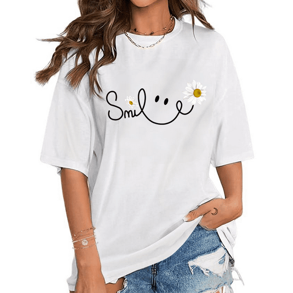Smile Face Daisy Print Tshirts Flower Smile Trendy Design Graphic Tees Summer Floral Short Sleeve Casual Tops Cotton Shirts for Daily Outfits White,2XL