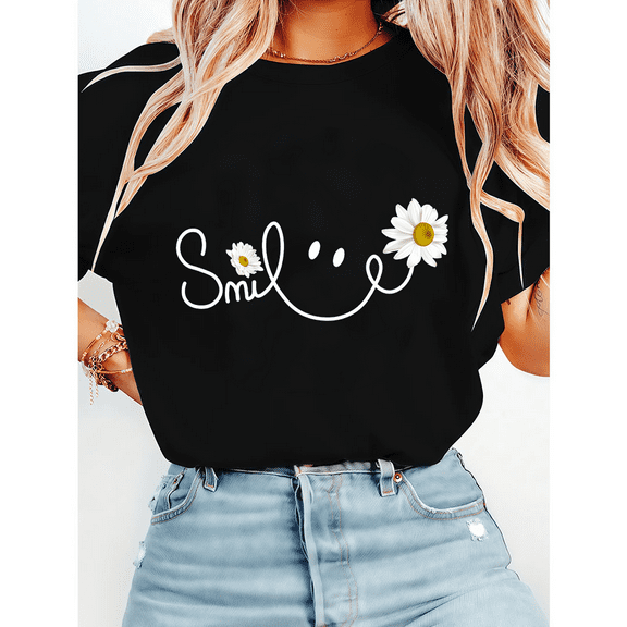 Smile Face & Daisy Print Tshirts Flower Smiling Design Graphic Tees Floral Short Sleeve Shirts Casual Trendy Tops for Daily Outfits Black,M