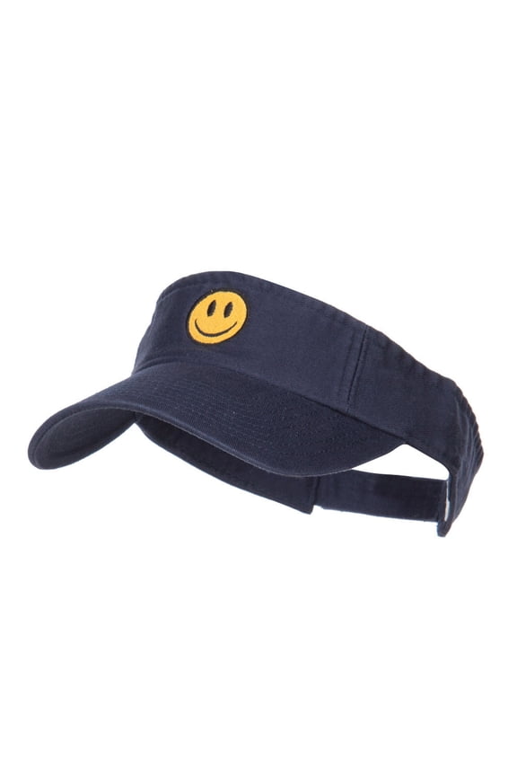 Smile Face Embroidered Cotton Washed Visor - Navy OSFM