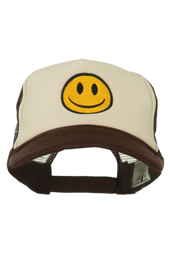 Smile Face Embroidered Foam Mesh Back Cap - Brown Tan OSFM
