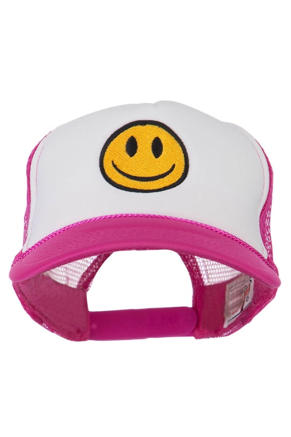 Smile Face Embroidered Foam Mesh Back Cap - Hot Pink White OSFM