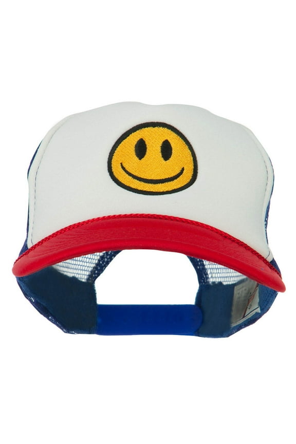 Smile Face Embroidered Foam Mesh Back Cap - Red White Royal OSFM