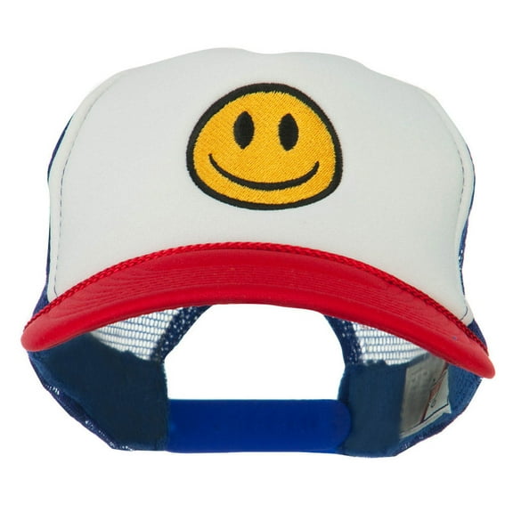 Smile Face Embroidered Foam Mesh Back Cap - Red White Royal OSFM