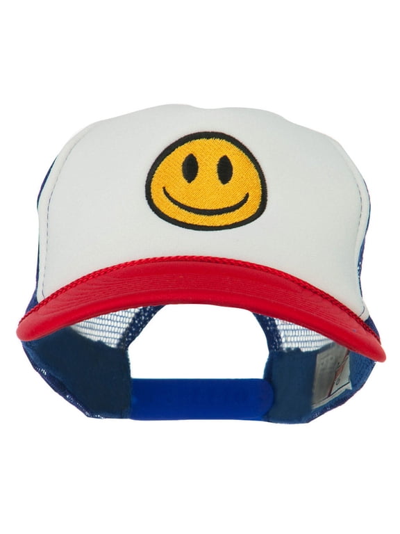 Smile Face Embroidered Foam Mesh Back Cap - Red White Royal OSFM