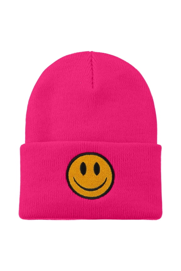 Smile Face Embroidered Long Beanie - Magenta OSFM