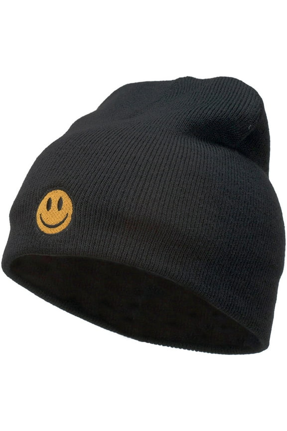 Smile Face Embroidered Short Beanie - Black OSFM