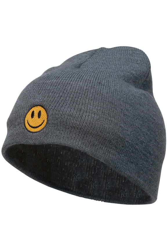 Smile Face Embroidered Short Beanie - Dk Grey OSFM