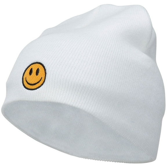 Smile Face Embroidered Short Beanie - White OSFM