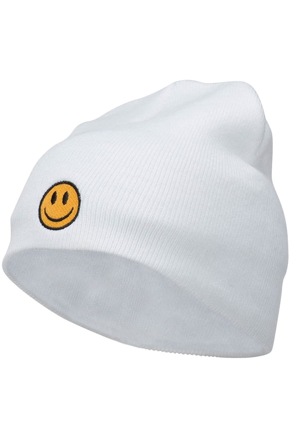 Smile Face Embroidered Short Beanie - White OSFM