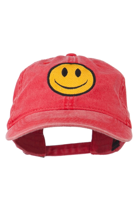 Smile Face Embroidered Washed Cap - Red OSFM