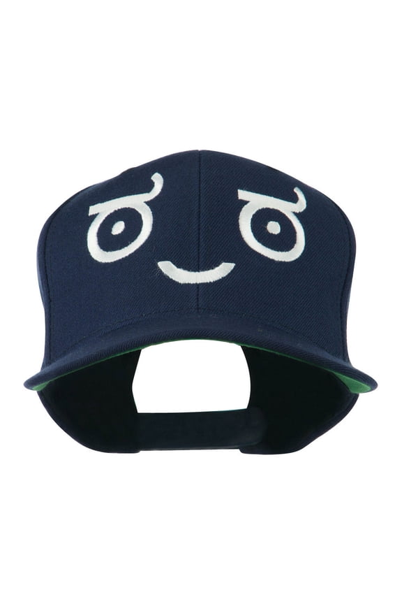 Smile Face Emoticon Embroidered Snapback Cap - Navy OSFM