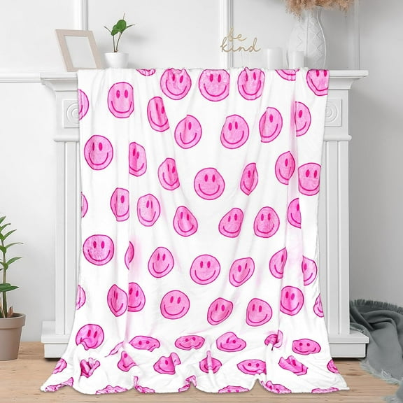 Smile Face Fuzzy Throw Blanket Pink Preppy Smile Decorative Soft Cozy Flannel Blanket for Home Bed Sofa Couch Chair, 50 x 60 Inch
