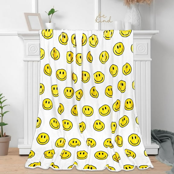 Smile Face Fuzzy Throw Blanket Yellow Happy Face Cute Decorative Soft Cozy Flannel Blanket for Home Bed Sofa Couch Chair, 50 x 60 Inch
