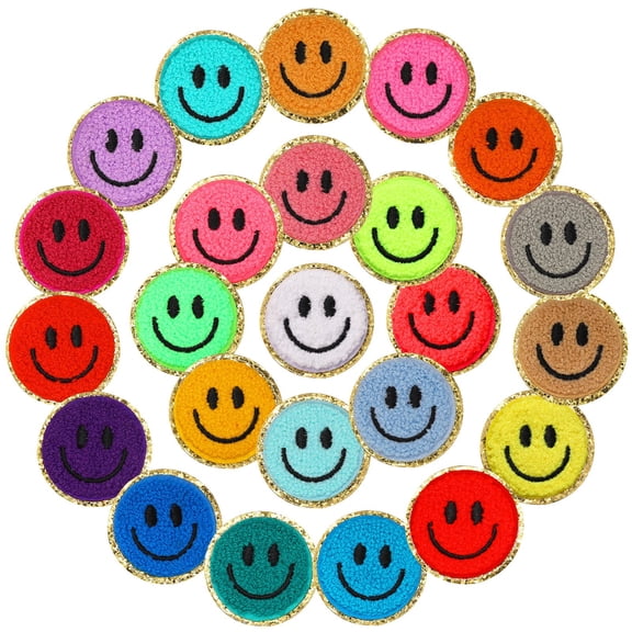 Smile Face Iron On Patches 24 Pack 2 Inch Chenille Glitter Applique for Clothing Accessories