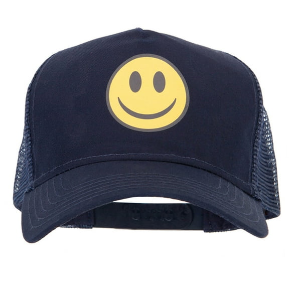 Smile Face Logo Heat Transfer Solid Cotton Twill 5 Panel Mesh Cap - Navy OSFM