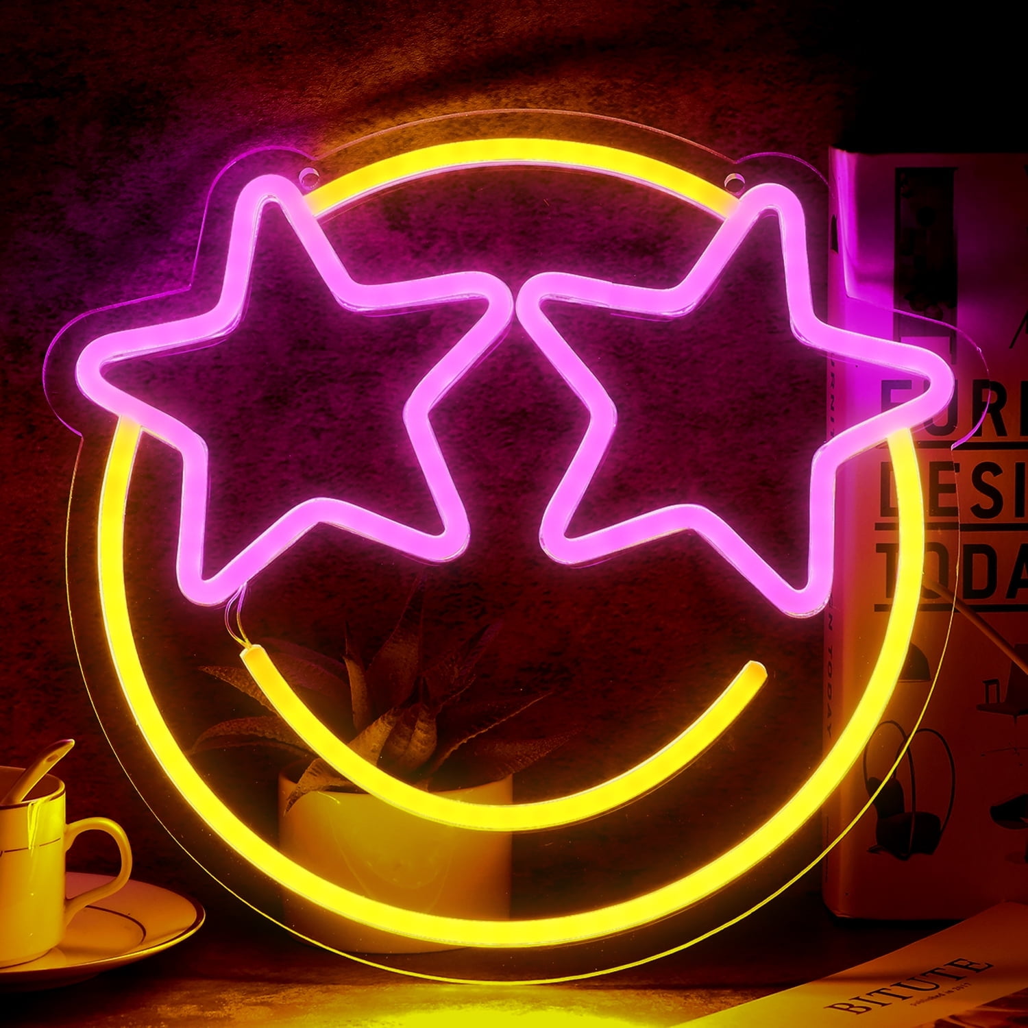 Smile Face Neon Sign Towond Dimmable Led Neon Light Signs USB Power for Wall Decor Bedroom Wedding Party Art Decoration 12.21 L x 12.99 W