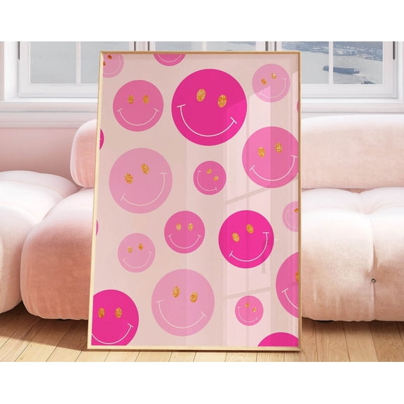 Smile Face Pink Wall Art Trendy Apartment Decor, Pink Room Decor Preppy Posters, Retro Wall Art Print Out Poster Preppy Room Decor Aesthetic Wall Art, Modern Wall Decor, 24x36 UNFRAMED