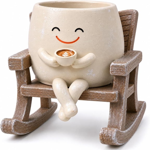 Smile Face Rocking Chair Planter Pot, Resin Succulent & Cactus Flower Pot with Drainage Hole for Indoor Outdoor Plant Decor & Gift Idea