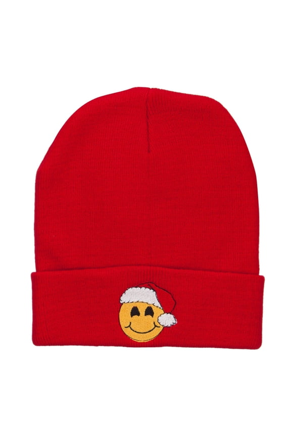 Smile Face Santa Embroidered Long Beanie - Red OSFM