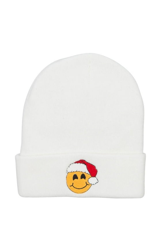 Smile Face Santa Embroidered Long Beanie - White OSFM