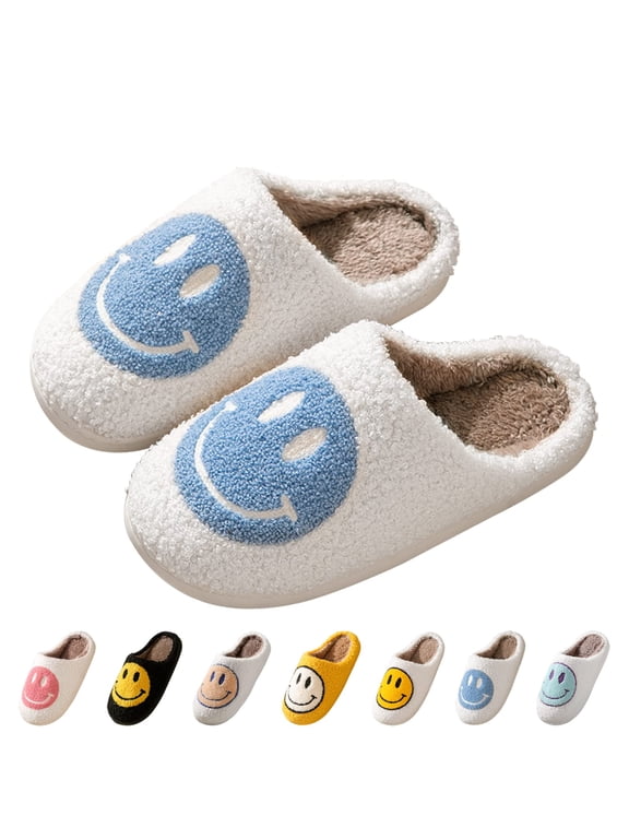 Smile Face Slippers for Women Comfy Thick Sole Happy Face Slippers Soft Plush Fuzzy Slip-On Women Slippers Retro Cozy Slippers Warm House Slippers for Indoor & Outdoor ..