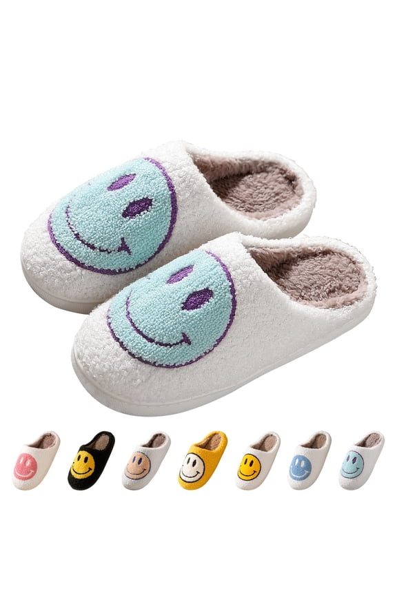 Smile Face Slippers for Women Comfy Thick Sole Happy Face Slippers Soft Plush Fuzzy Slip-On Women Slippers Retro Cozy Slippers Warm House Slippers for Indoor & Outdoor ..
