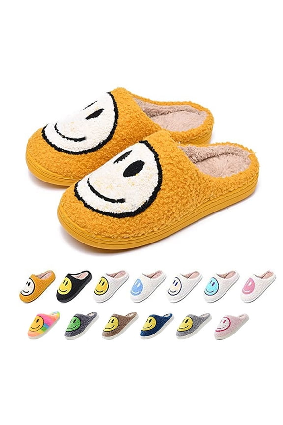 Smile Face Slippers for Women and Men Comfy Warm Plush Slip-On House Slipper for Winter Indoor Soft Cushion Non-slip Fluffy Slides Couple Slippers Plus Size with Memory Foam