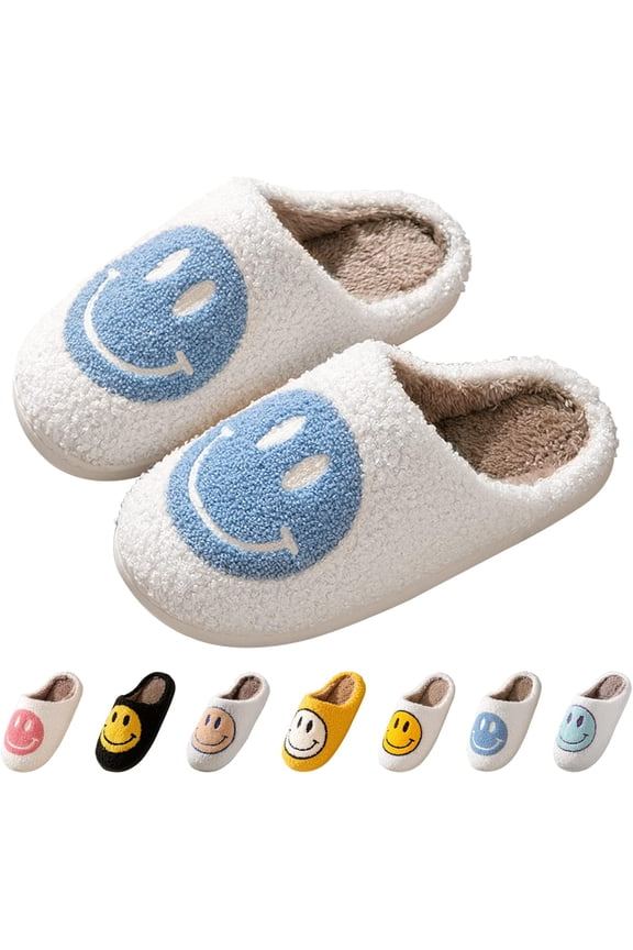Smile Face Slippers for Women and Men, Retro Comfy Warm Soft Fuzzy Plush Slip-On House Shoes Funny Cute Happy Smile Home Fluffy Slipper for Indoor & Outdoor Slippers