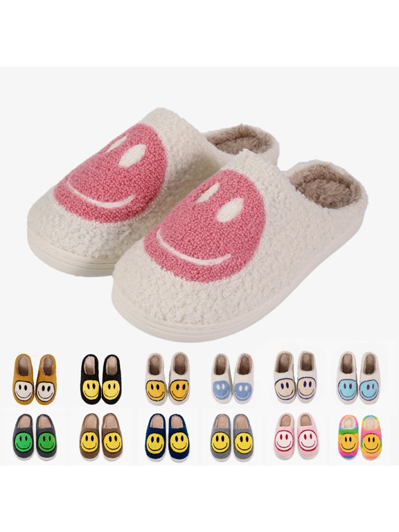 Smile Face Slippers for Women Men Retro Soft Plush Comfy Warm Cute Happy Face Slippers Memory Foam Cozy Fur Fluffy Fuzzy Slip-on Home Shoes Unisex Slipper Indoor & Outdoor