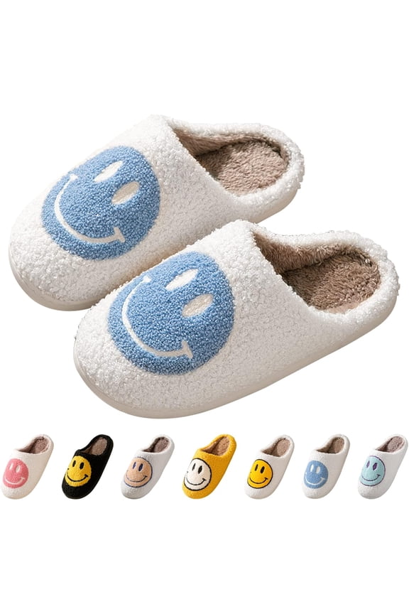 Smile Face Slippers for Women - Soft Plush Retro Preppy Slip-on Comfortable Indoor/Outdoor Shoes