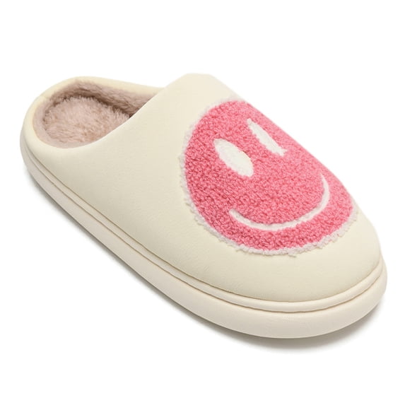 Smile Face Slippers for Women and Men Retro Comfy PU Leather Slip-On House Shoes with Memory Foam Warm Soft Flat Slides for Indoor & Outdoor