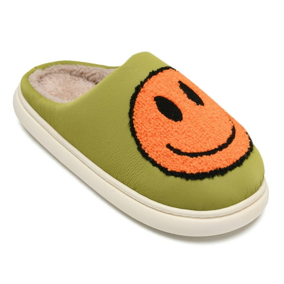 Smile Face Slippers for Women and Men Retro Comfy PU Leather Slip-On House Shoes with Memory Foam Warm Soft Flat Slides for Indoor & Outdoor