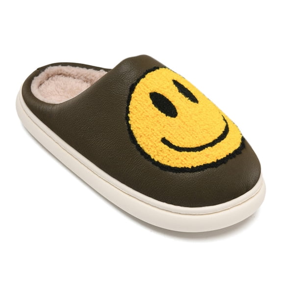 Smile Face Slippers for Women and Men Retro Comfy PU Leather Slip-On House Shoes with Memory Foam Warm Soft Flat Slides for Indoor & Outdoor