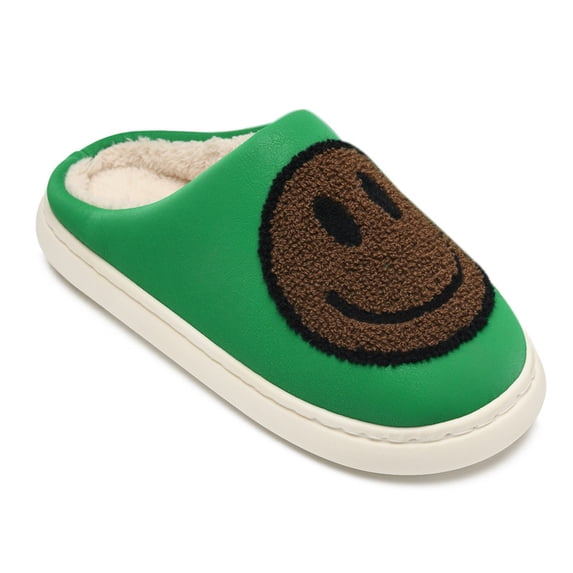 Smile Face Slippers for Women and Men Retro Comfy PU Leather Slip-On House Shoes with Memory Foam Warm Soft Flat Slides for Indoor & Outdoor