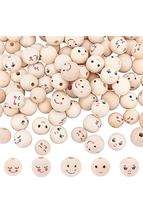Smile Face Wood Beads 100pcs 5 Styles Wooden Beads 15~18mm Doll Head Beads with 4~5mm Hole Spacer Beads Wooden Loose Beads for DIY Bracelet Necklace Jewelry Macrame Making Hair Crafts