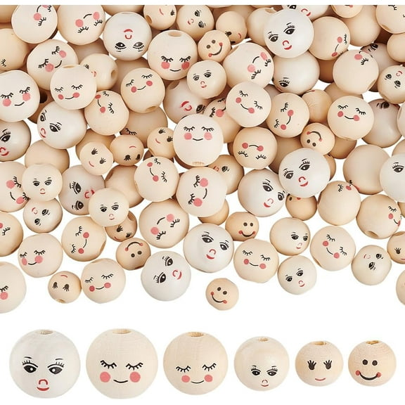 Smile Face Wood Beads, 180pcs 6 Styles Natural Wooden Beads 12/13/16/18mm Wood Spacer Beads Ball Wooden Loose Beads for Craft Jewelry Making Bracelets Necklaces Keychains Handmade Favors