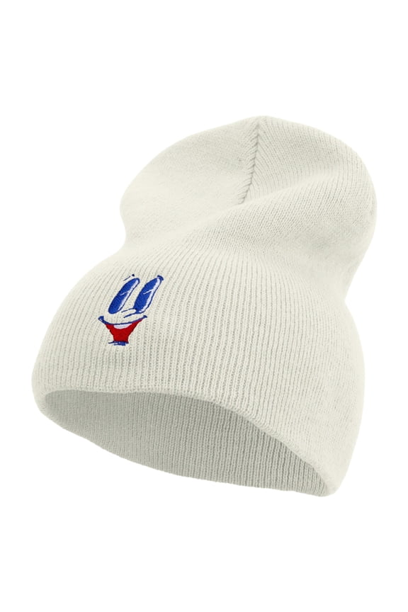 Smile Face with open Mouth Embroidered 8 inch Acrylic Short Beanie - White OSFM