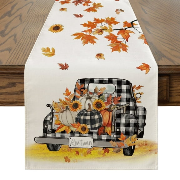 Smile Fall Table Runner 13 x 72, Harvest Thanksgiving Maple Leaves Pumpkins Buffalo Plaid Truck