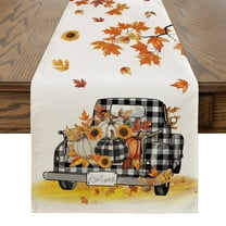 Smile Fall Table Runner 13 x 72, Harvest Thanksgiving Maple Leaves Pumpkins Buffalo Plaid Truck
