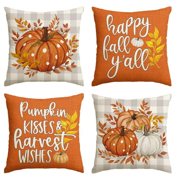 Sm:)e Fall Thanks Pumpkin Leaves Throw Pillow Covers, 18 x 18 Inch Autumn Thanksgiving Harvest Polka Dot Orange Decorations for Sofa Couch Set of 4