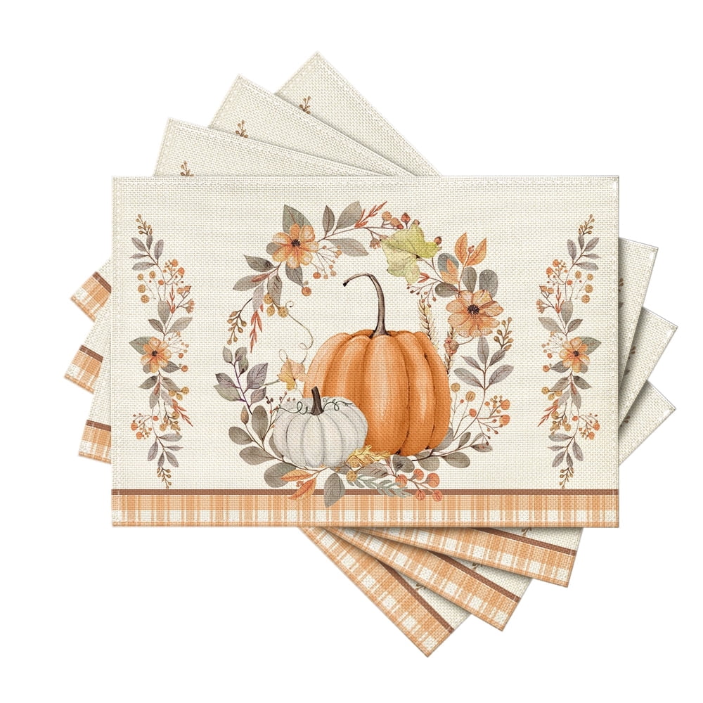 Smile Flower Garland Fall Placemats Set of 4 for Table Runner, Seasonal Farmhouse Kitchen Dining Table Decoration for Indoor Party 12x18 Inch