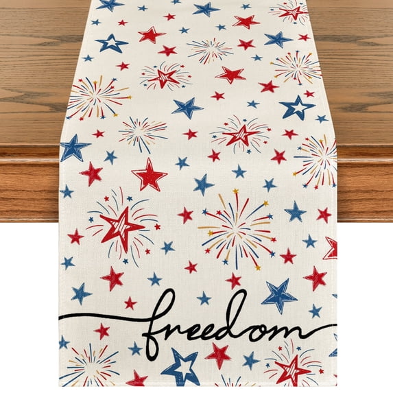 Sm:)e Freedom American Blue and Red Star Patriotic Fourth of July Table Runner 13 x 72 Inch Off White
