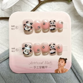 Smile French cat eye nail patch, cute cartoon panda nail art piece, divided into 10 pieces, hand-worn nail piece