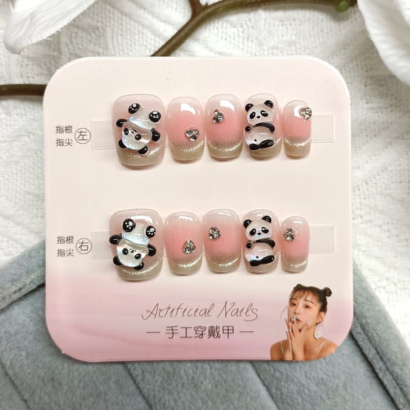 Smile French cat eye nail patch, cute cartoon panda nail art piece, divided into 10 pieces, hand-worn nail piece