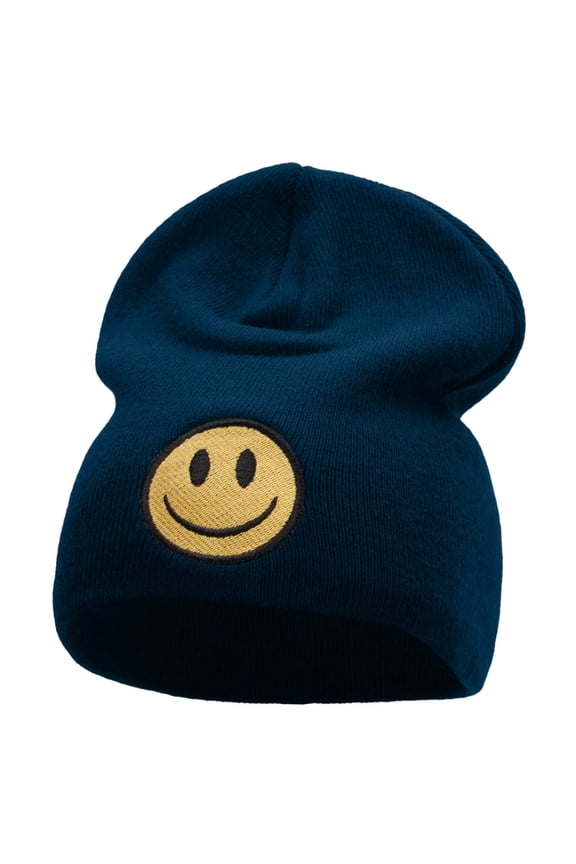 Smile Full Face Logo Embroidered Short Beanie - Navy OSFM