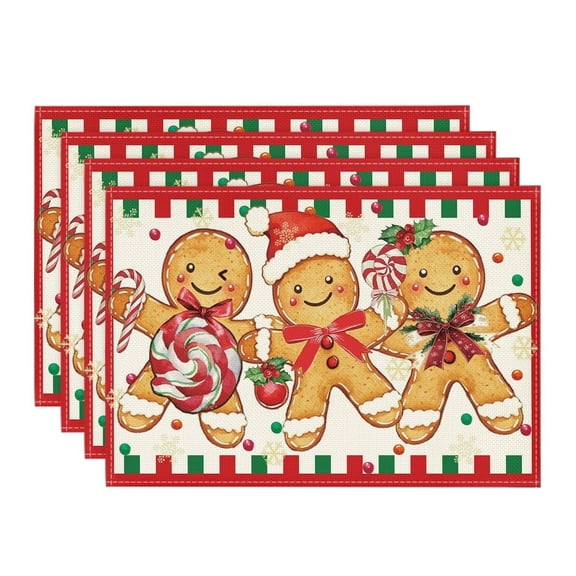 Smile Gingerbread Candy Cane Christmas Placemats Set of 4, 12x18 Inch Seasonal Table Mats