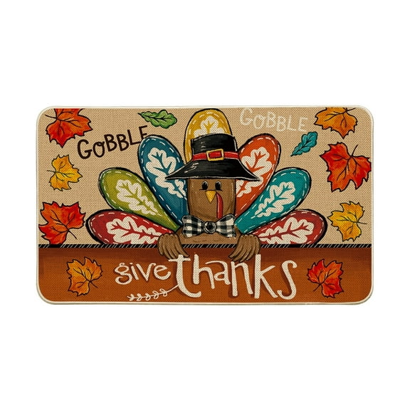 Sm:)e Give Thanks Turkey Gobble Maple Leaves Thanksgiving Doormat, Home Decor Low-Profile Switch Rug Door Mat Floor Mat for Indoor Outdoor 17x29 Inch