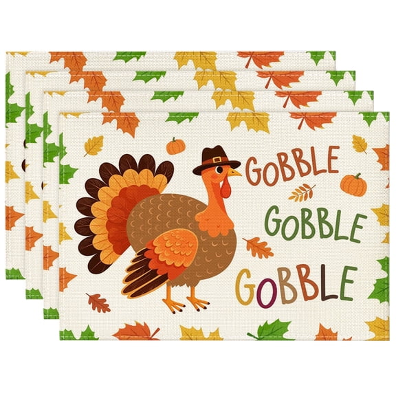 Smile Gobble Turkey Maple Leaves Thanksgiving Placemats Set of 4, 12 x 18 Inch
